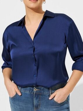 3X Torrid Satin Button Up Long Sleeve Top in Midnight Blue